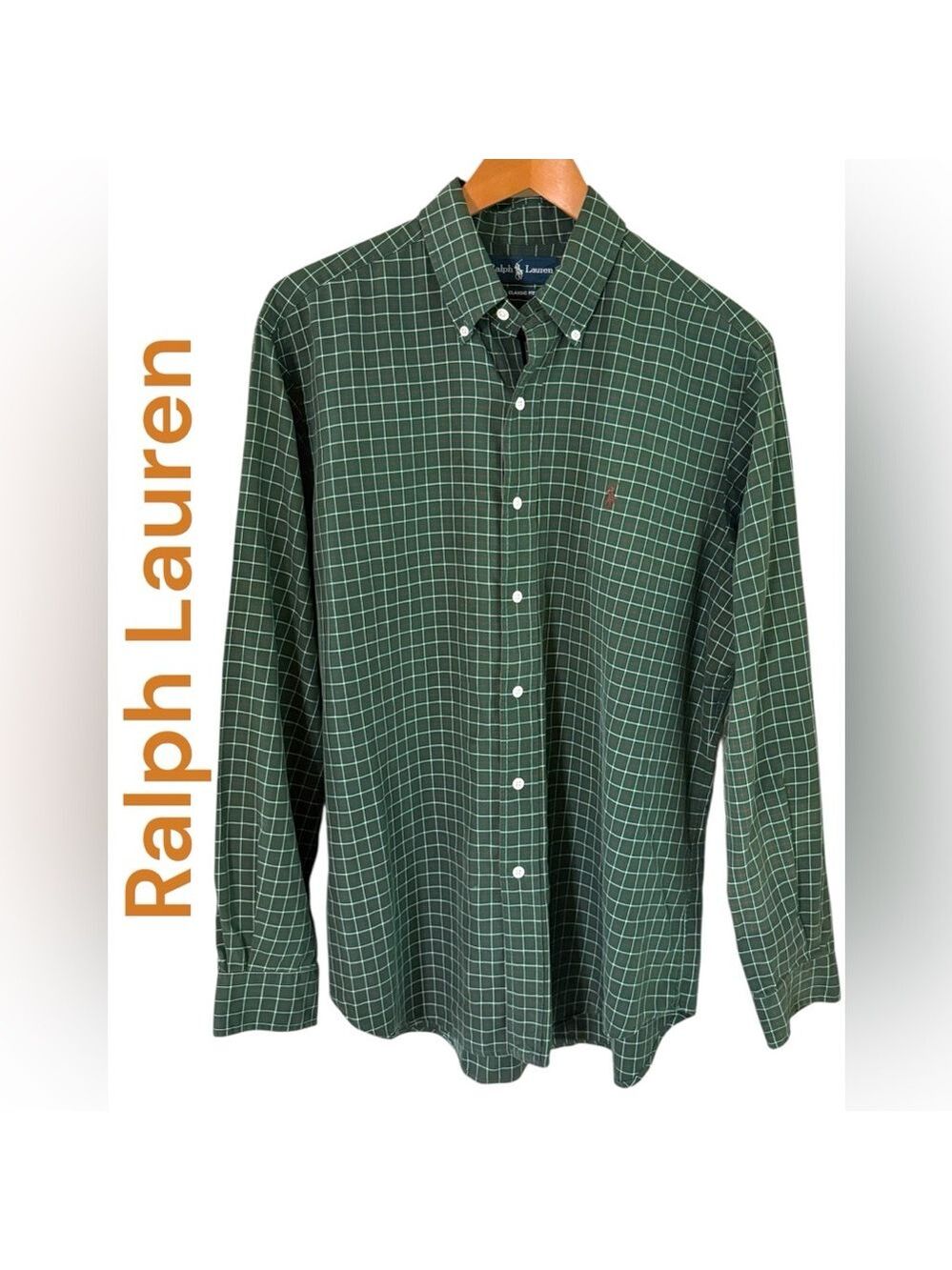 Ralph Lauren-Men’s large button down shirt. Green/white/red. Chest logo. EUC!